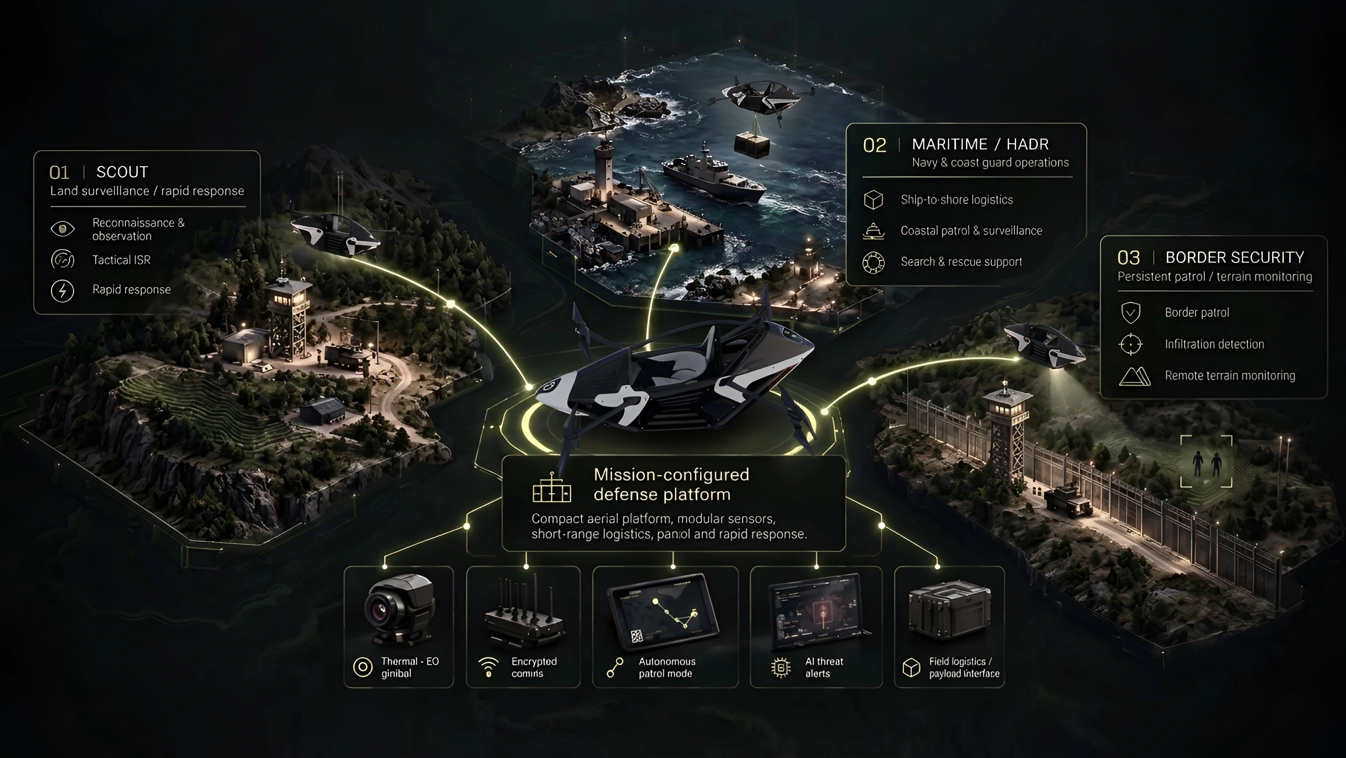 Specialist utility showing a central aircraft platform with scout, maritime and border monitoring applications