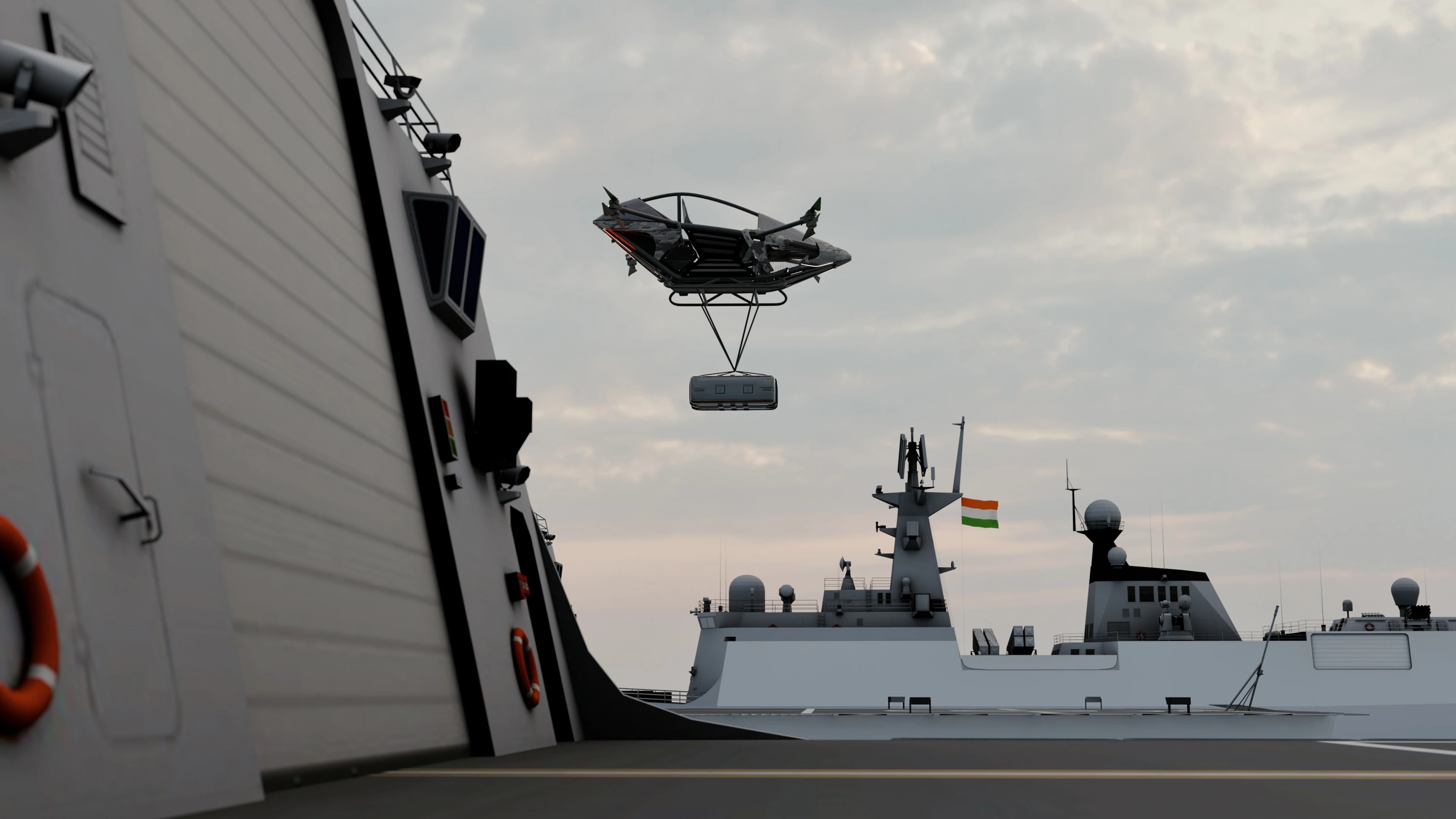 Aer transporting cargo between naval vessels