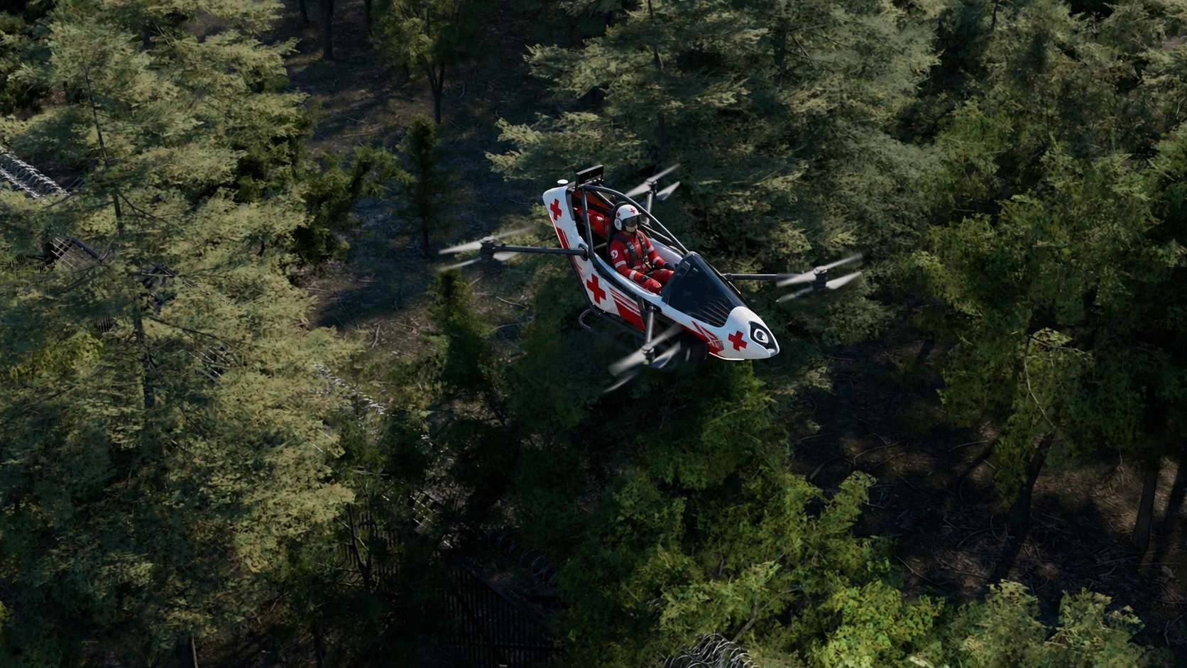 Medical response aircraft above forest terrain