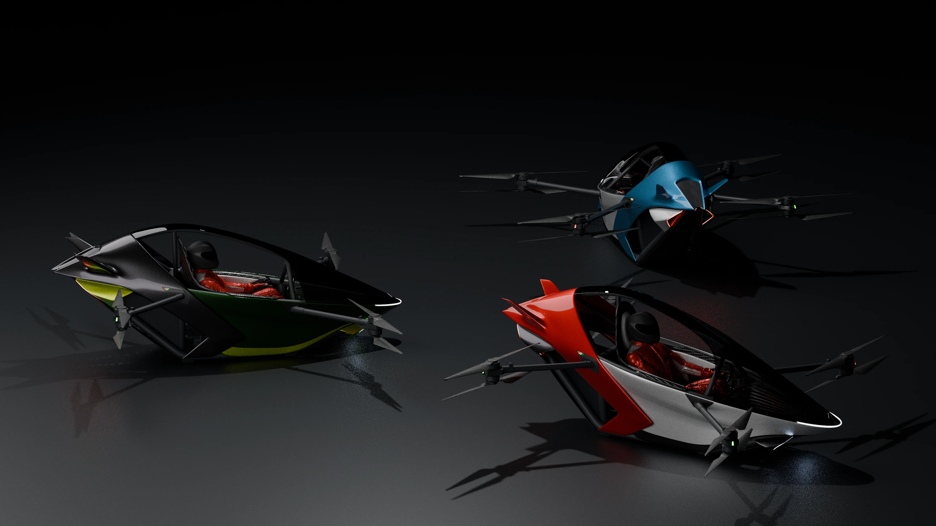 Three Aer Sport aircraft in green, blue and red, viewed from above