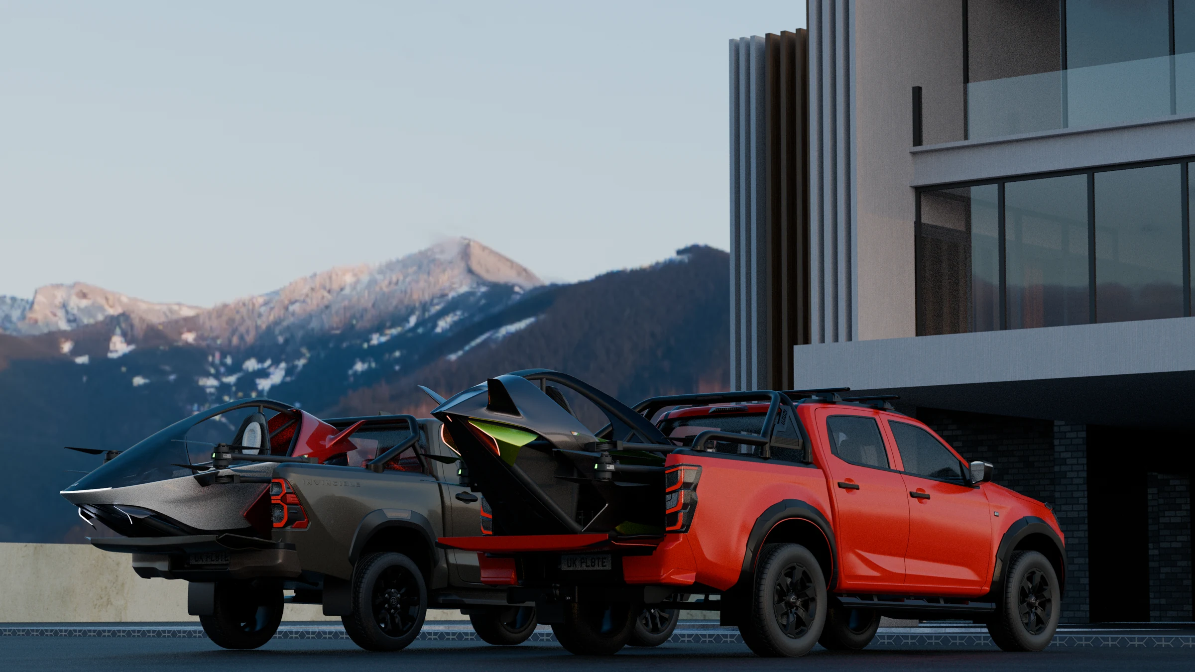 Two Aer aircraft designs carried in pickup trucks, with mountains beyond