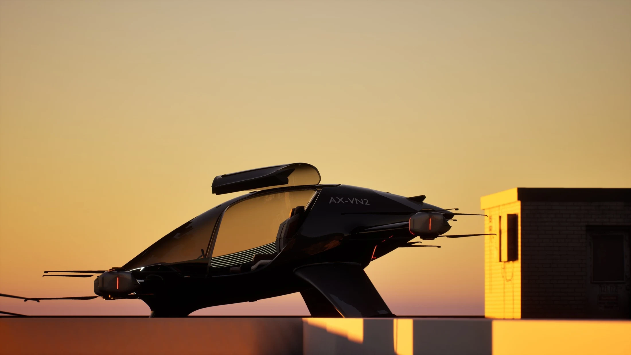 A partial view of the Vyura Neo canopy and upper silhouette against a golden sky